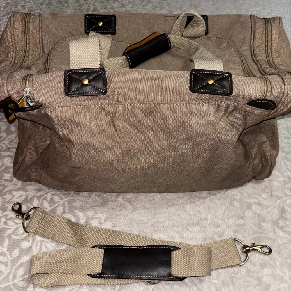 Eddie Bauer Ford Canvas Leather Trim Duffel Bag Weekender Travel Brown Luggage
